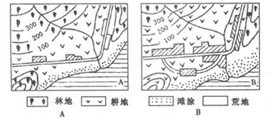 1950年(A圖)和1994年(B圖)土地利用變化示意圖